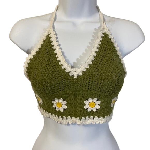 India Boutique Daisy Crochet Hippie Halter Top Olive Green White Yellow Sz XS-S - Picture 1 of 6